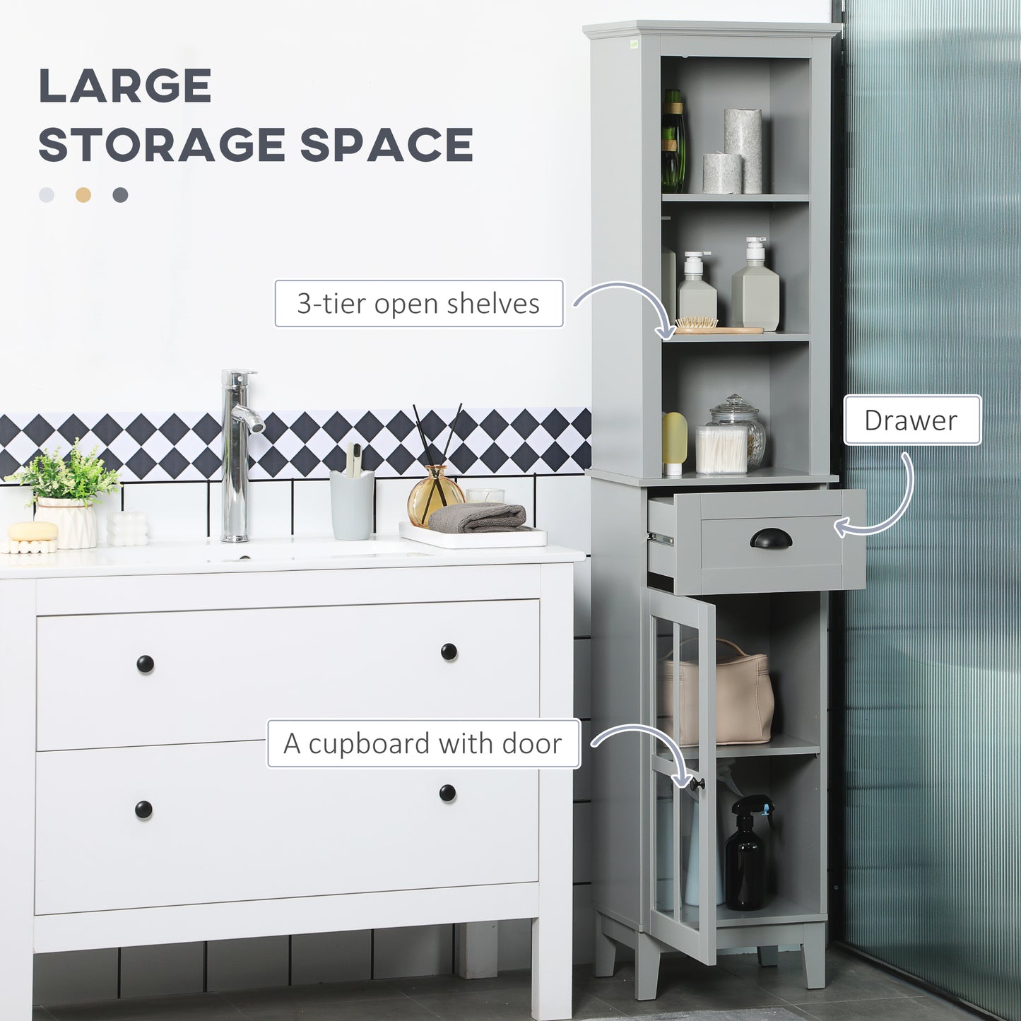 Slim Bathroom Storage Cabinet Door & Shelves Tower