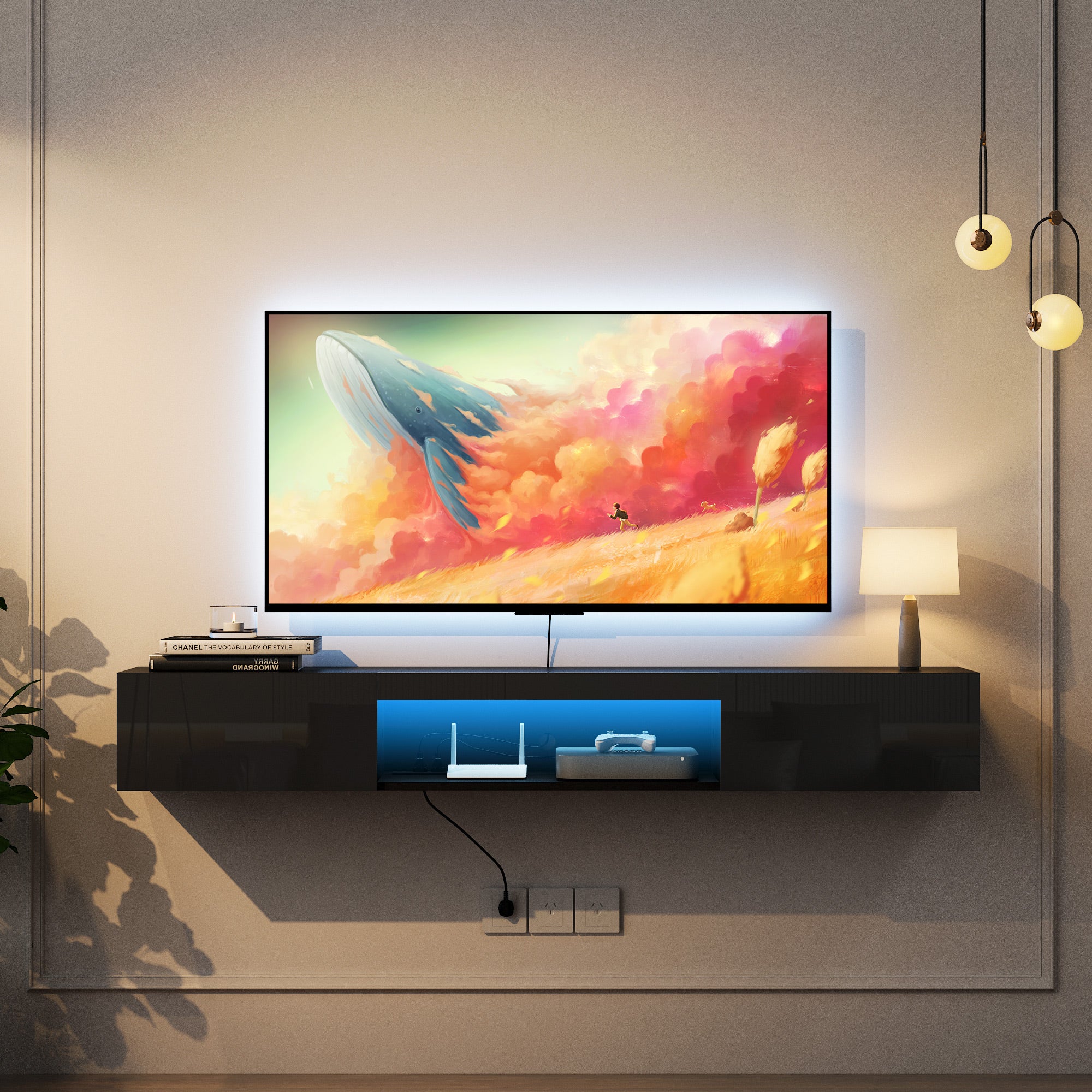 Soporte de TV Flotante Montado en la Pared con 16 Colores de LED, Soporte de TV Moderno Flotante, Gabinete de TV Flotante Centro de Entretenimiento para TV de 55 60 65 Pulgadas, Negro