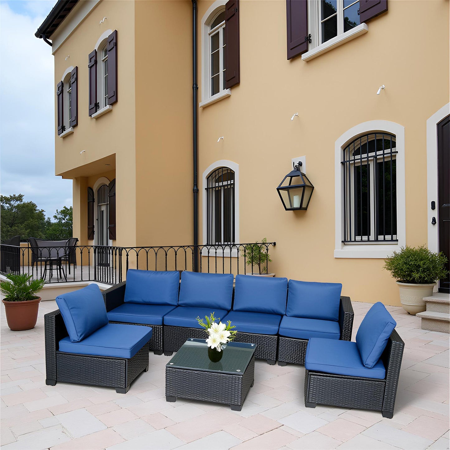 Seven-Piece Sofa Set Table With Sofa Chair Black PE Rattan Outdoor Furniture 7-JH001 Box 3-1-2-3 With Blue Color Cushion