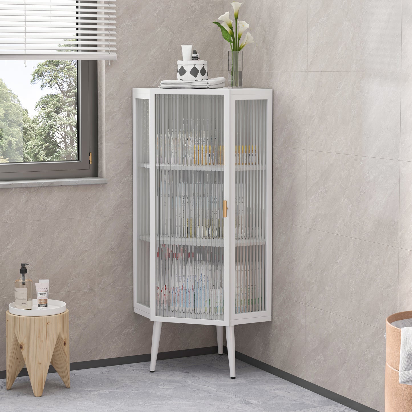 22.25'' Floor Coner Cabinet,Three Tiers With Tempered Glass Doors And Storage Shelves For Bathroom, Living Room And Bedroom White