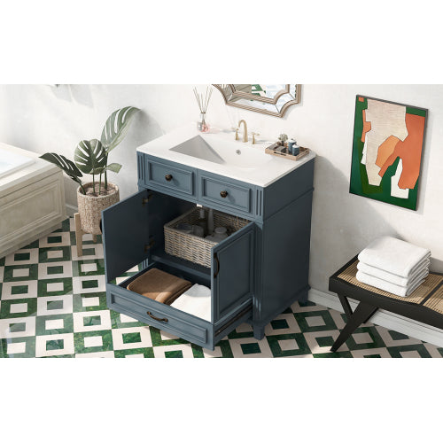 Lavabo de baño de 30'' con fregadero de cerámica, gabinete de almacenamiento de baño con marco de madera maciza y puertas de cierre suave, estilo retro, azul