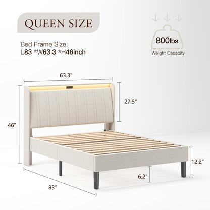Platform Bed Frame With Fabric Upholstered Headboard And Wooden Slats Support, Fully Upholstered Mattress