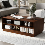 Mesa de Centro Rectangular Moderna U-Can con 4 Cajones y 2 Estanterías de Exhibición, Mesa de Centro de Madera con Estilo Acanalado, Vidrio Templado para la Sala de Estar