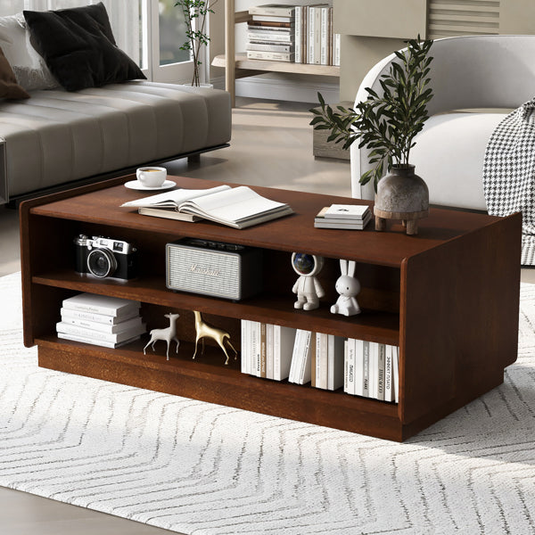 Mesa de Centro Rectangular Moderna U-Can con 4 Cajones y 2 Estanterías de Exhibición, Mesa de Centro de Madera con Estilo Acanalado, Vidrio Templado para la Sala de Estar