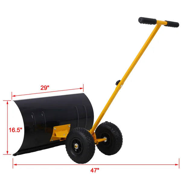 Pala de nieve con ruedas, Empujador de nieve, Mango ajustable con ángulo acolchado Herramienta para remoción de nieve, Cuchilla de 29", Ruedas de 10", Color amarillo