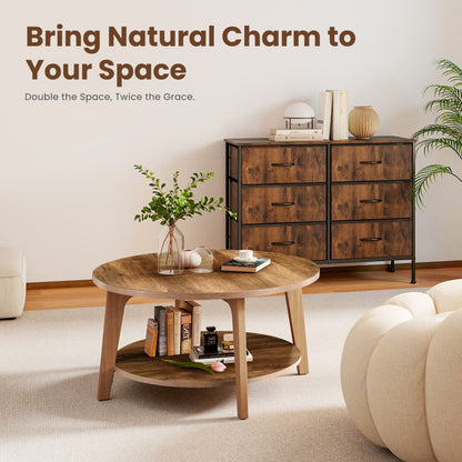 Round Coffee Table, 32 Wood Coffee Tables For Living Room With Storage, 2-Tier Center Circle Counter With Wooded Desktop