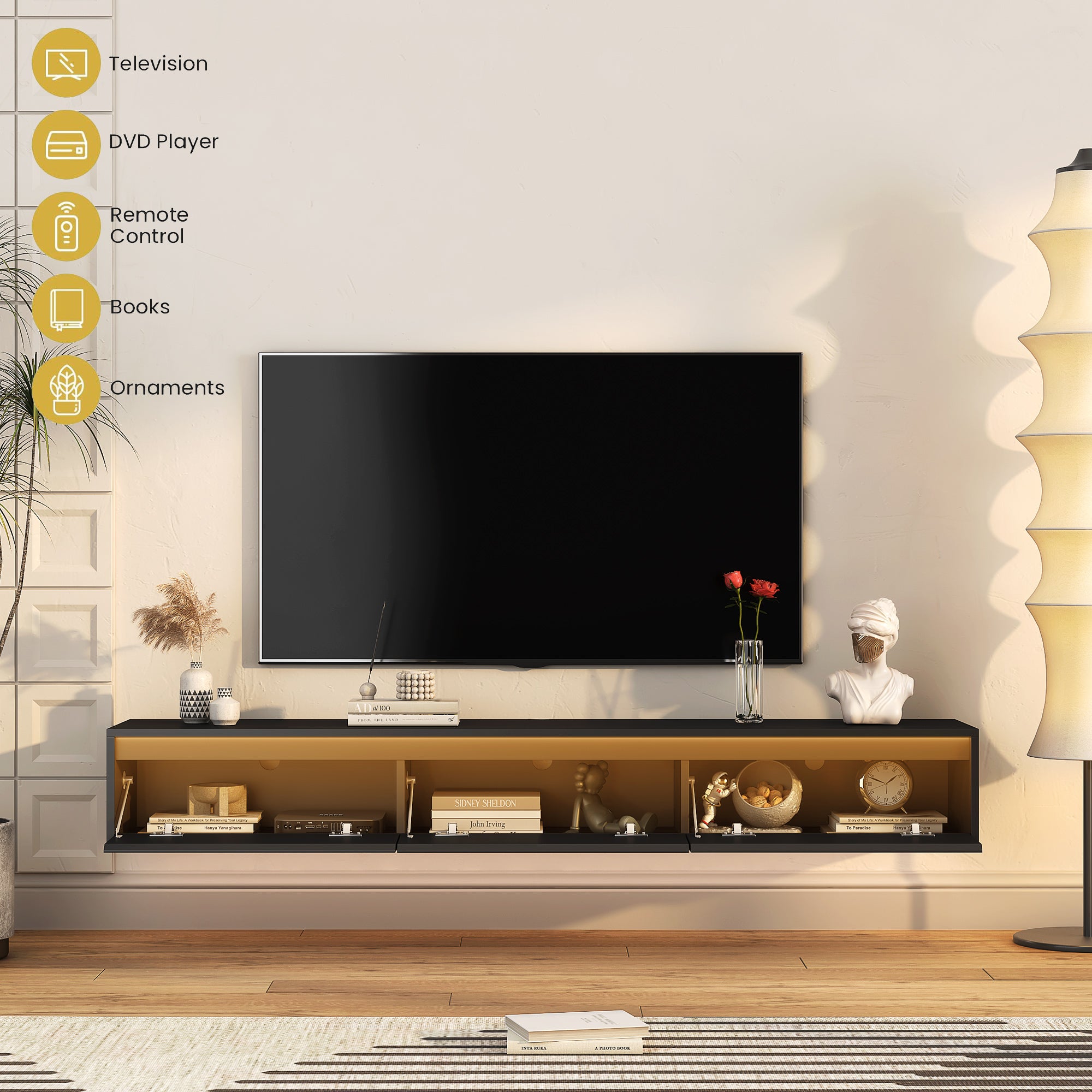 Schwebender TV-Ständer, Wandmontierter TV-Regal mit LED-Lichtern & Stromsteckdose, Hochglänzender TV-Schrank für schwarze TV-Ständer für das Wohnzimmer