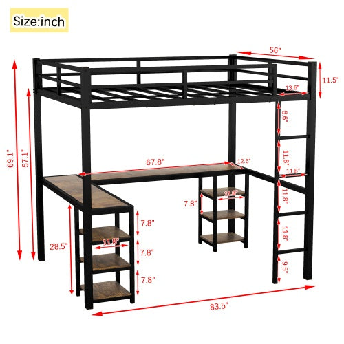 Cama Alta de Metal XL Completa con Escritorio y Estanterías, Cama Alta con Escalera y Barandales, Marco de Cama Alta para Dormitorio, Negro
