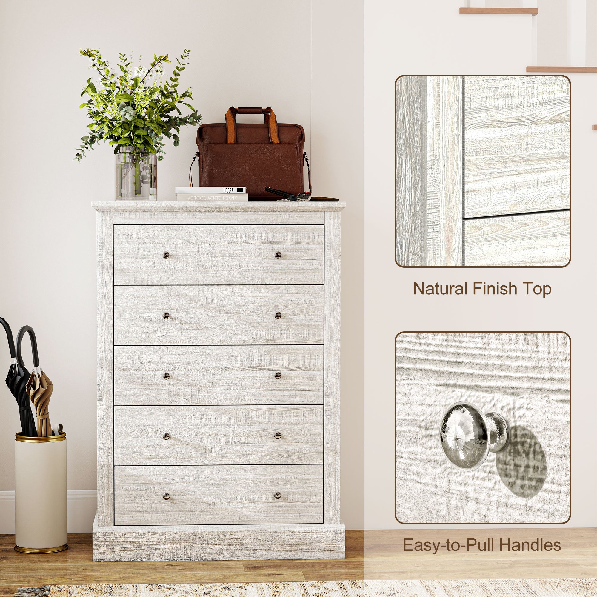Cómoda de Granja Ancha de 31 Pulgadas con 5 Cajones, Mueble para Dormitorio con Superficie de Madera para Sala de Estar, Roble Sucio