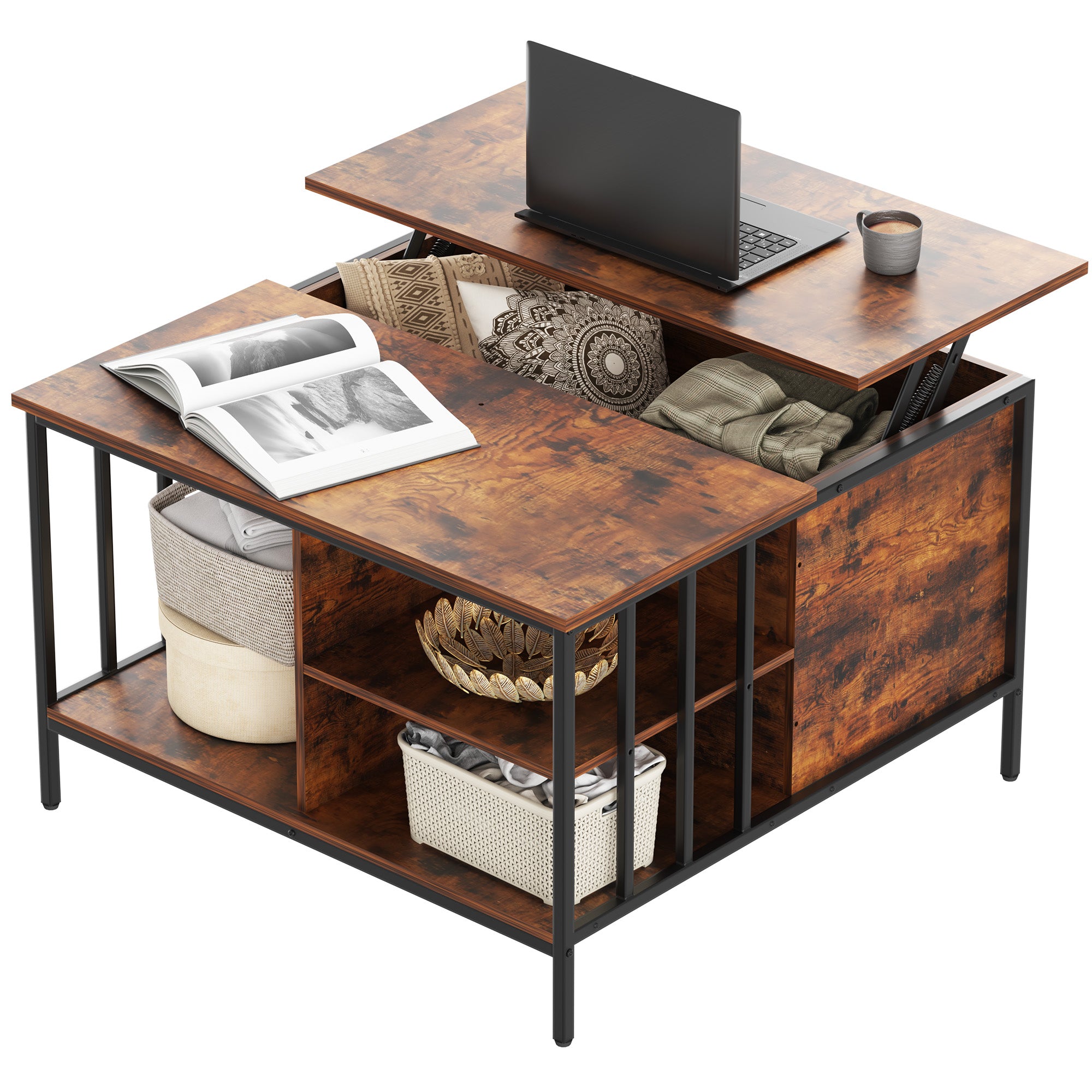 Mesa de Centro Elevable de Estilo Granja con Almacenamiento, Altura Ajustable para Sala de Estar, Centro Multifuncional para la Familia con Compartimento Oculto y 3 Estantes, Capacidad de 110 libras, Fácil de Limpiar