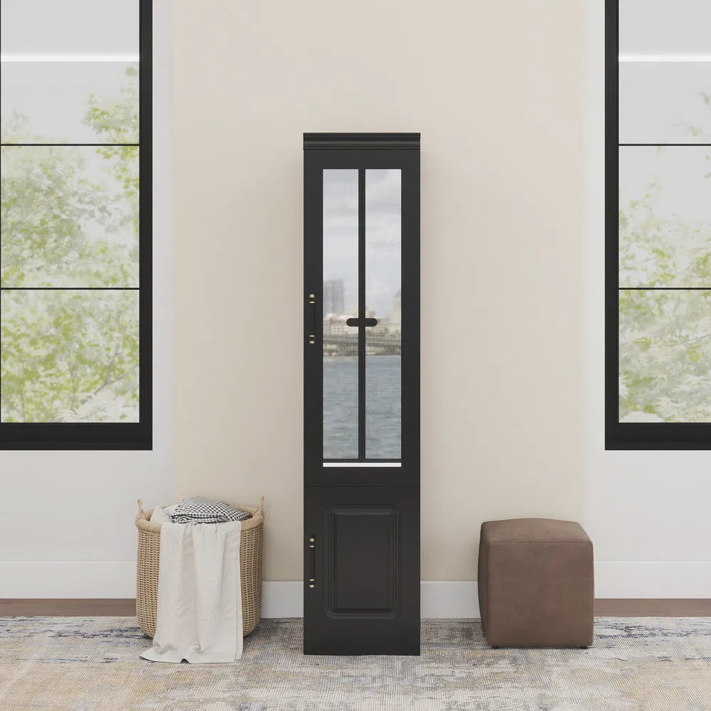 Livelylodge Slim White Storage Cabinet With Glass Door – Space-Saving Tall Organizer With Metal Handles, Perfect For Small Spaces Or Bedroom Use