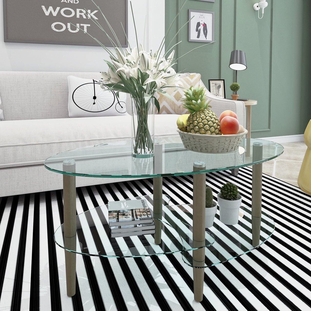 Glass Oval Coffee Table Clear Wood Legs