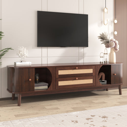 Mueble de TV de Ratán para TVs Hasta 75'', Consola de Medios Moderna Estilo Granja, Centro de Entretenimiento con Patas de Madera Maciza, Gabinete de TV para Sala de Estar, Cine en Casa