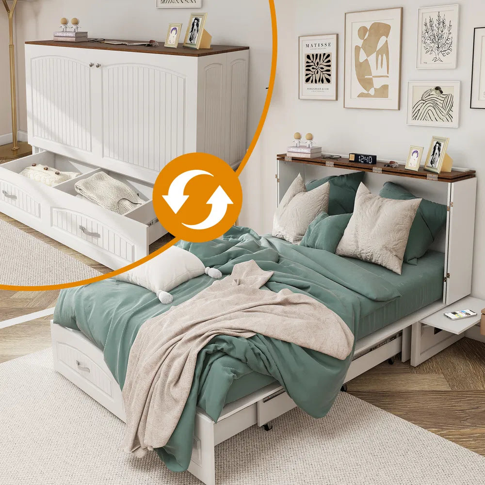 Marco de Cama Murphy de Tamaño Queen con Cajones, Cama Murphy con Pecho y Estación de Carga, 2 Puertos USB, Cama Murphy Móvil para Arreglo de Dormir en Áreas Multipropósito para Dormitorio, Sala de Estar, Habitación de Huéspedes Blanco y Madera