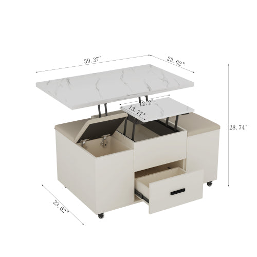 Modern Lift-Up Coffee Table With 4 Stools Set For Living Room Expandable 1 Hidden Storage 2 Drawers Space Saving Folding Dining Table