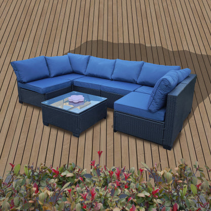 Seven-Piece Sofa Set Table With Sofa Chair Black PE Rattan Outdoor Furniture 7-JH001 Box 3-1-2-3 With Blue Color Cushion