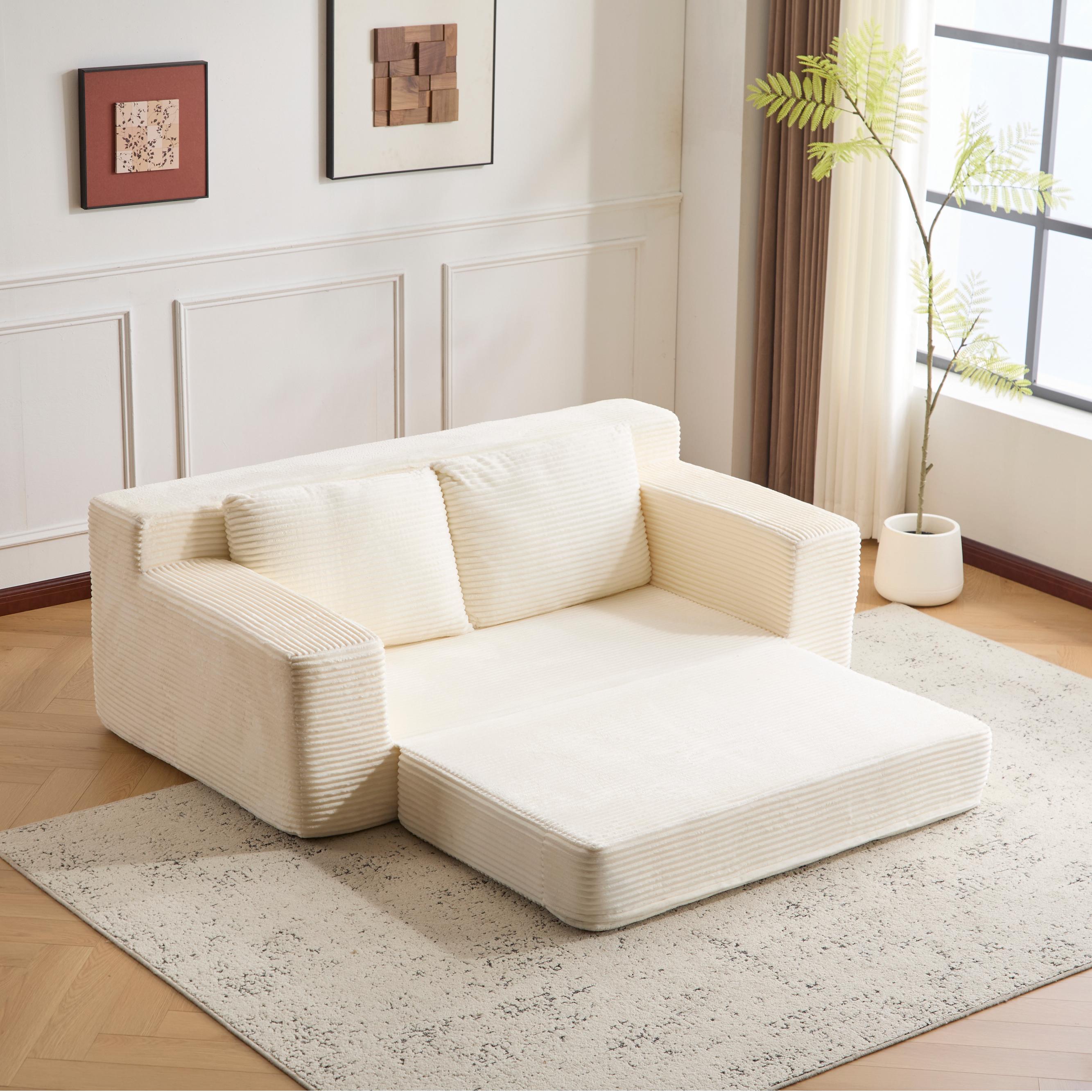 Sofá tipo Loveseat, Sofá cama con asiento profundo cómodo, Sofá moderno pequeño de corduroy para sala de estar o dormitorio, Cojín reversible con almohadas, Sin necesidad de ensamblaje, Blanco