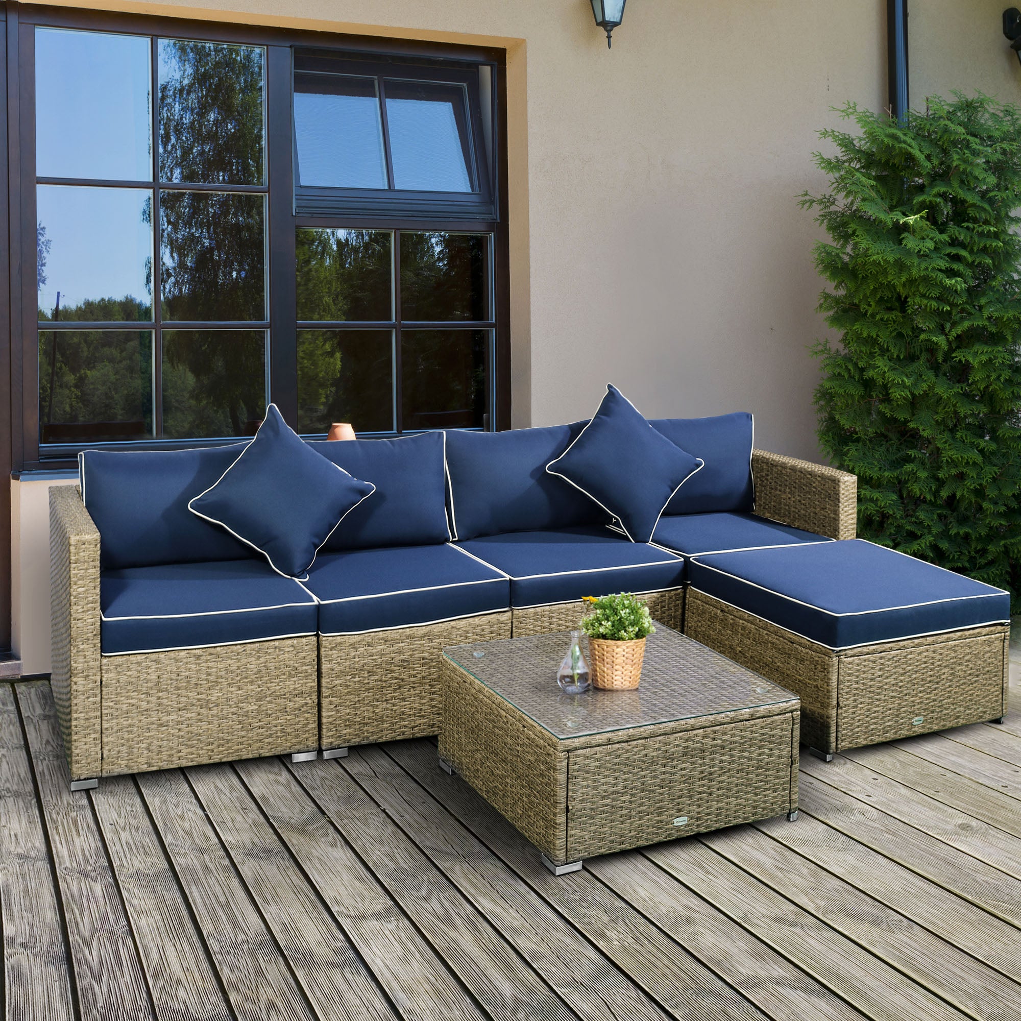 Conjunto de 6 Piezas de Muebles de Patio para Conversación al Aire Libre, Conjunto de Sofá Seccional de PE Resistente a Todas las Inclemencias del Tiempo con Otomana
