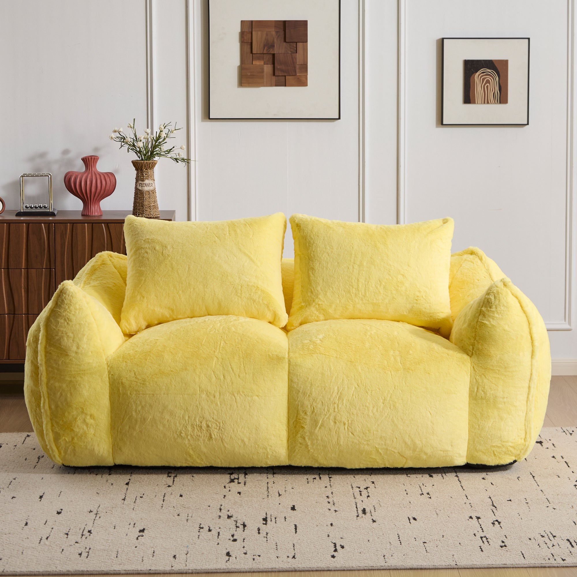 Sofá Gigante de Puf para Adultos, Sofá de Puf Loveseat Ultra Suave y Esponjoso, Silla de Reposar Oversized para Interiores en Sala de Estar o Dormitorio, No Requiere Ensamblaje Silla de Lectura Acogedora con Almohadas, Amarillo
