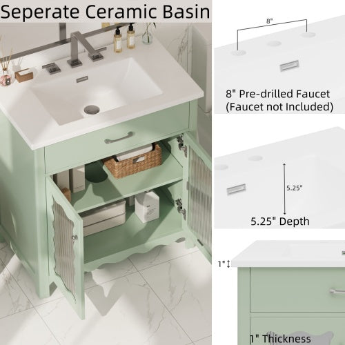 31-Zoll-Badwaschtisch mit gehärtetem Glas, moderner Badezimmerschrank mit Beinen aus Gummibaumholz und Schiebetüren mit Weichschließfunktion, Grün