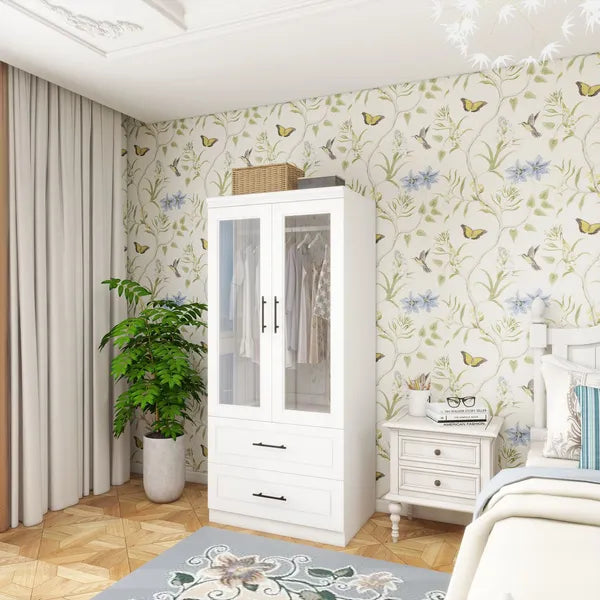 Armario Vestidor Ropero con 2 Puertas de Armario de Cristal, Armario Vestidor de Dormitorio de 71" de Alto con 2 Cajones de Armario, Almacenamiento de Armario con Barra de Colgar para Dormitorio, Armarios y Roperos de Madera