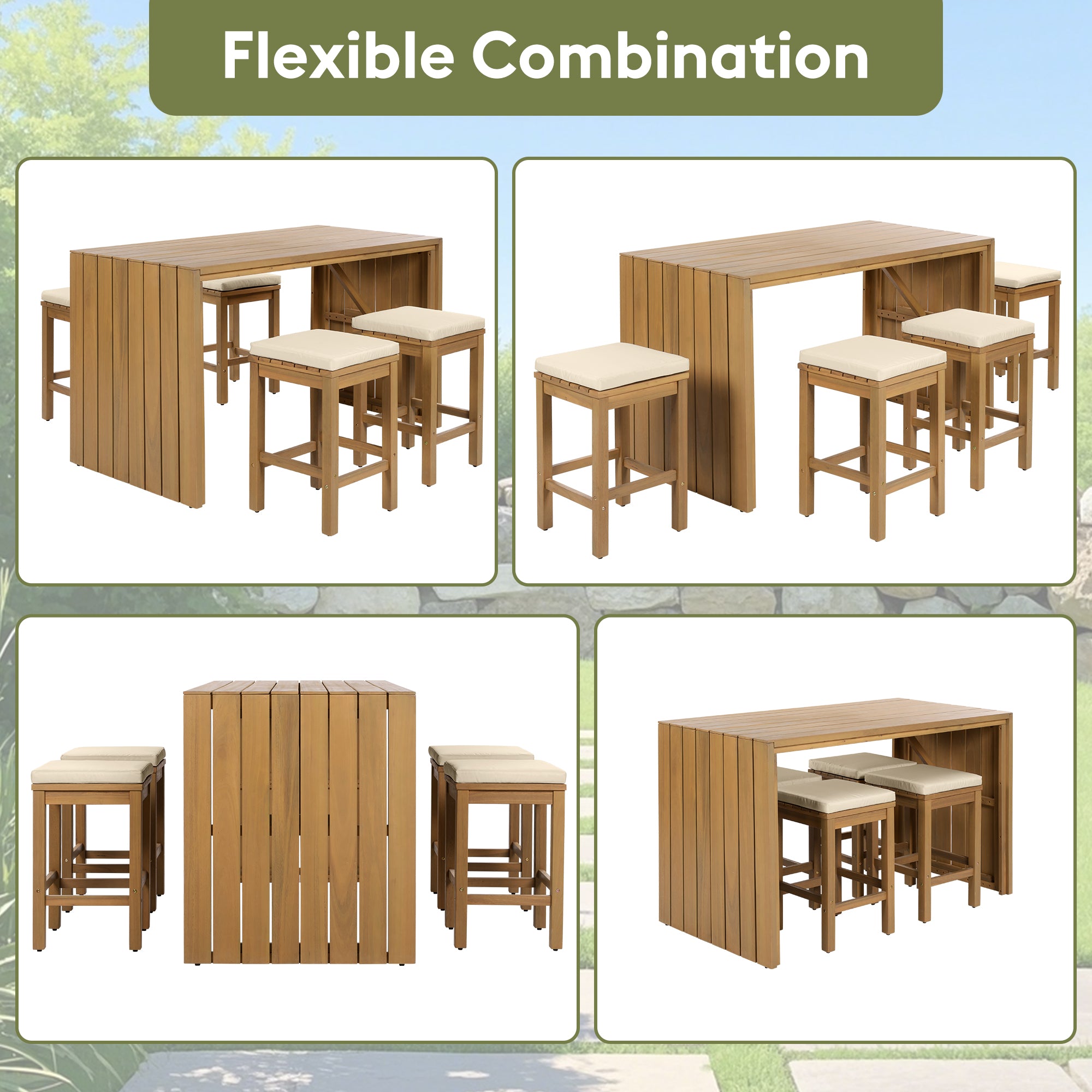 Juego de Bar Exterior de 5 Piezas, Mesa de Altura de Bar de Madera de Acacia para Patio y Cuatro Taburetes con Cojines, Juego de Bar de Comedor de Madera para Patio Trasero, Piscina, Balcón, Beige