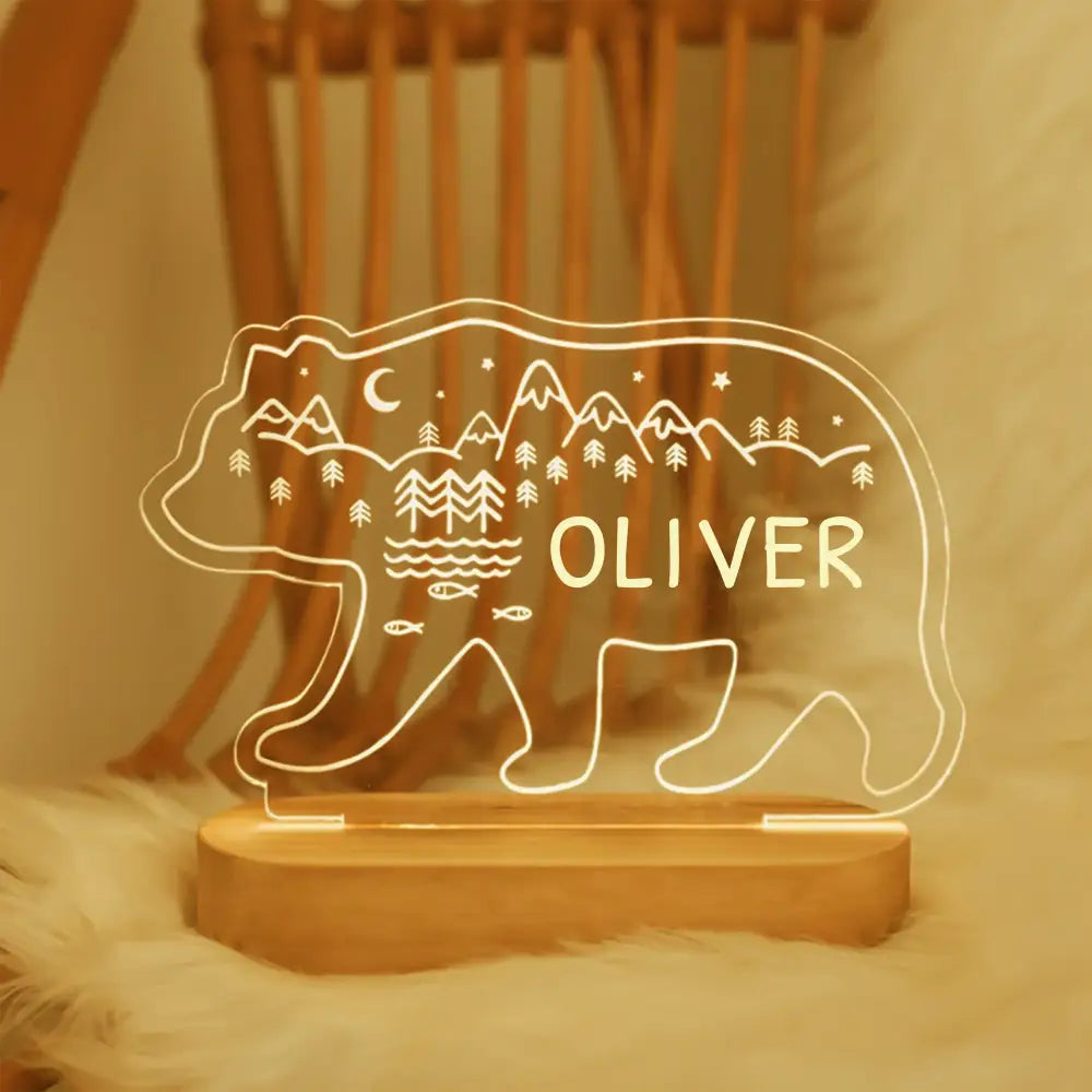 Personalized bear-shaped led night light with glowing mountain, trees, and fish outline for baby kids nursery decor