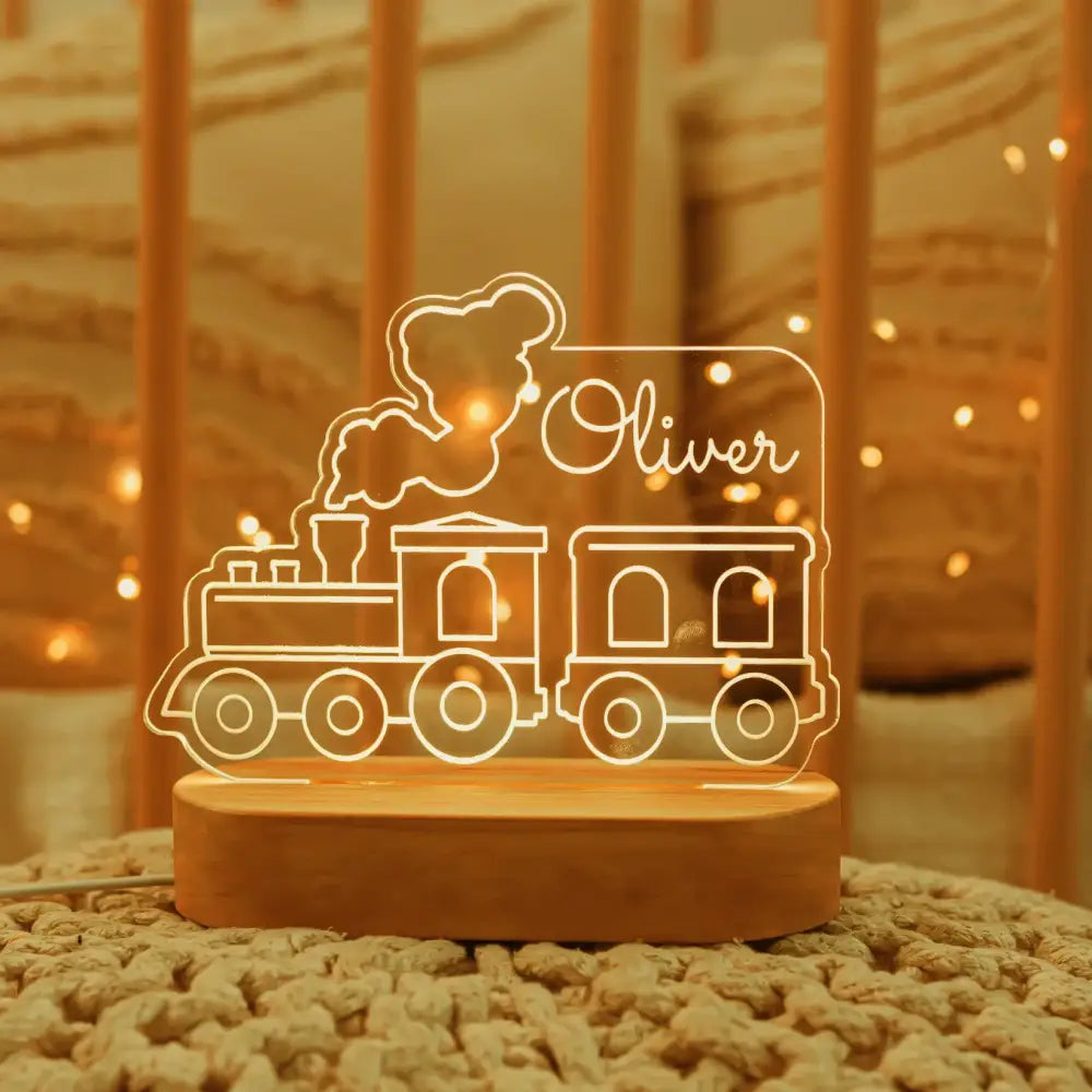 DecorBites™ baby kids personalized children night light with warm glowing illuminated train lamp and custom name oliver