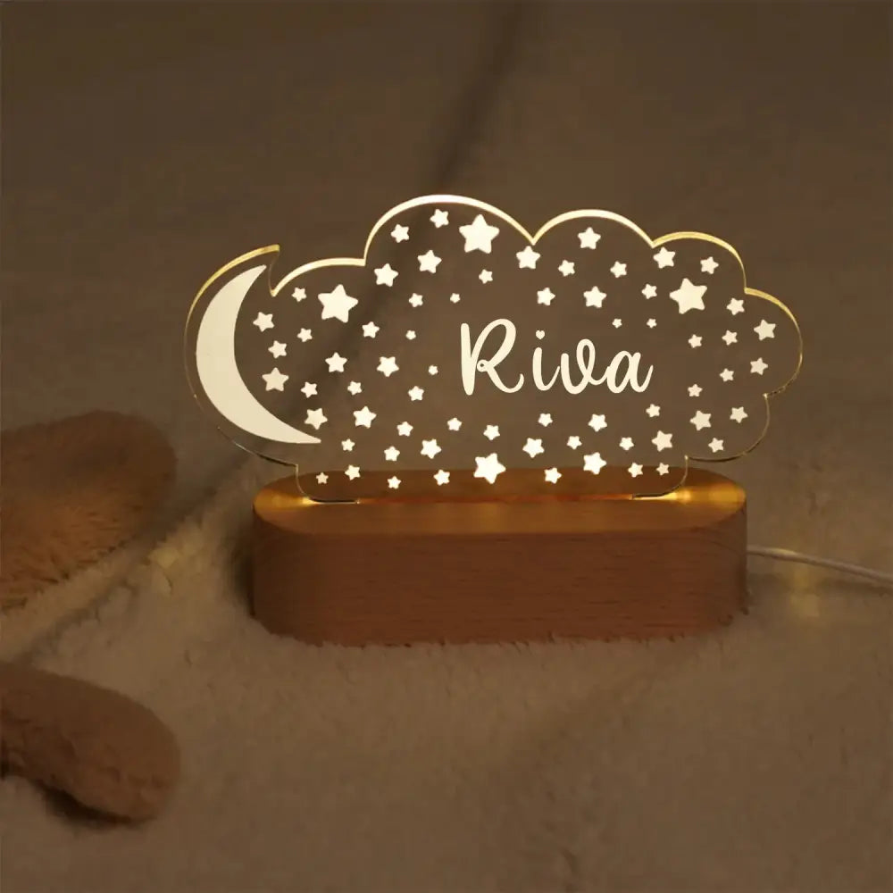 DecorBites™ personalized children night light in cloud shape with crescent moon and star cutouts for baby kids bedroom