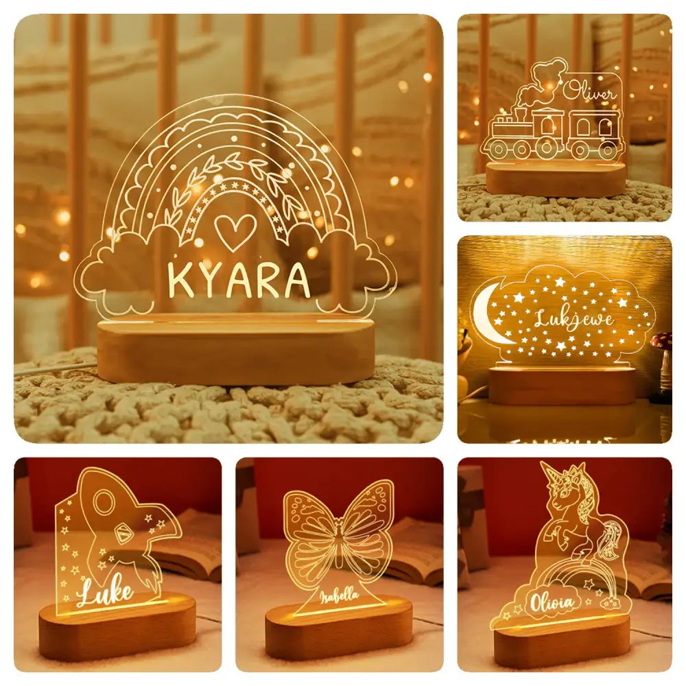 Personalized wooden led night light with glowing rainbow design and name kyara engraved for baby kids bedroom decor