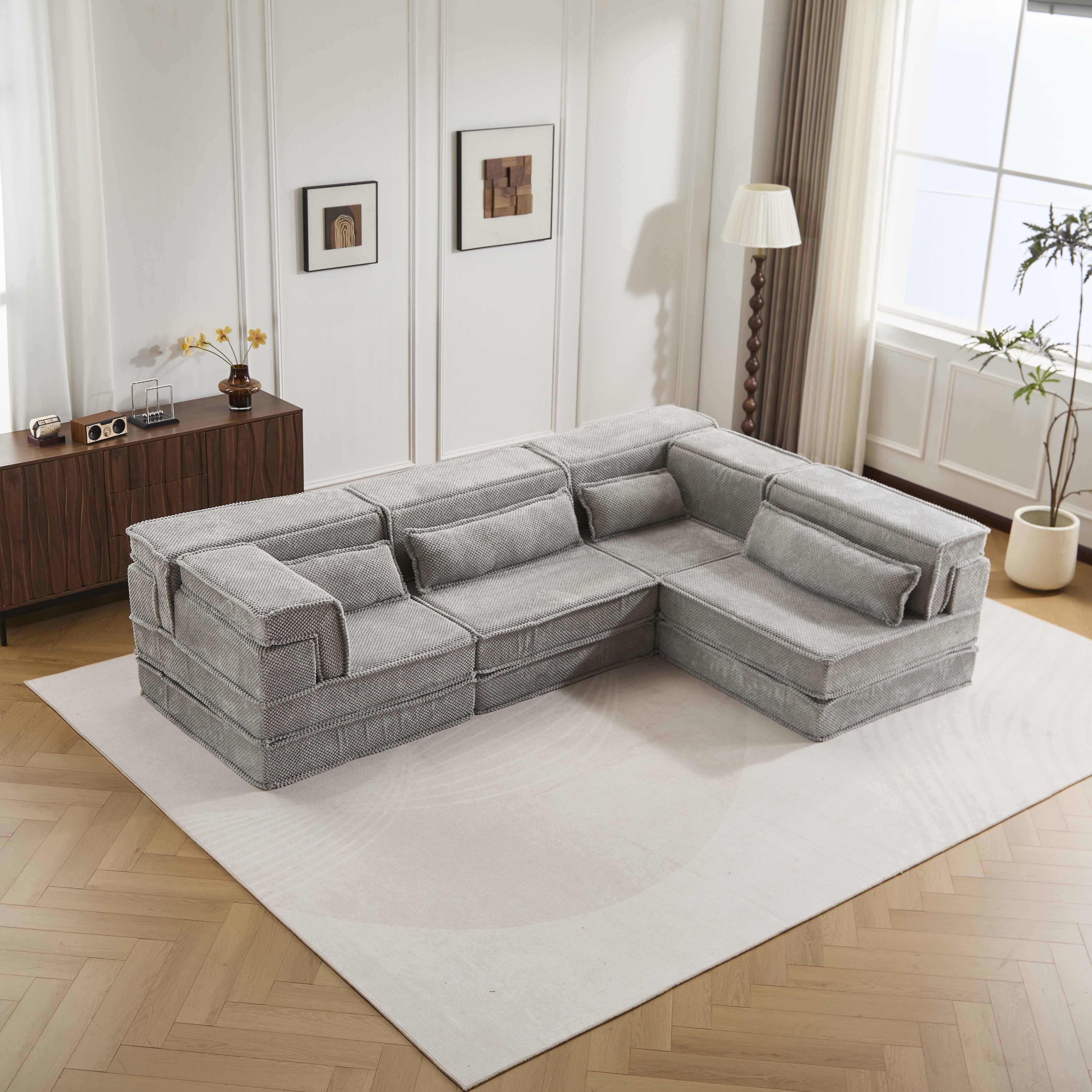 Sofá Mahjong de Compresión, Sofá Cama Convertible para el Suelo, Sofá Seccional Modular sin Huesos DIY, Sin Ensamblaje Requerido, Tejido de Lana de Circon Polar, Para 4 Personas de Tamaño Excesivo con 4 Almohadas, Gris Claro