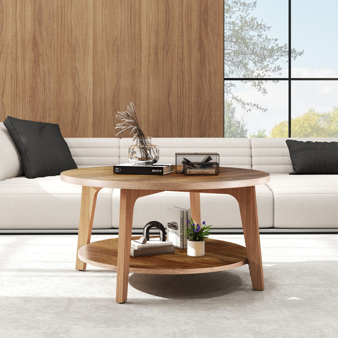 Mesa de Centro Redonda, 32 Mesas de Café de Madera para Sala de Estar con Almacenamiento, Encimera Circular de Dos Niveles con Escritorio de Madera
