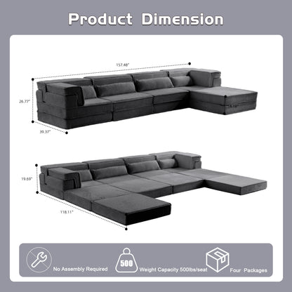 Compression Mahjong Sofa,Convertible Floor Sofa Bed,DIY Boneless Modular Sectional Sofa,No Assembly Required,Circle Fleece Fabric,Oversized 4 Seater With 1 Ottoman,Dark-grey