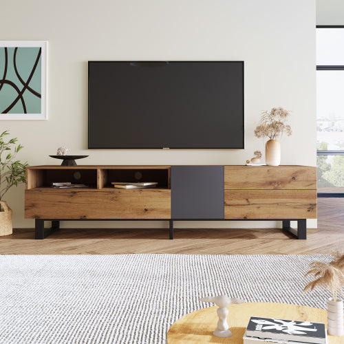 Mueble de TV Moderno para Televisor de 80'' con Doble Espacio de Almacenamiento, Mesa de Consola de Medios, Centro de Entretenimiento con Puerta Abatible para Sala de Estar