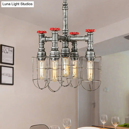 Bailey - Silver 5-Head Hanging Lighting Chandelier Pendant with Cage