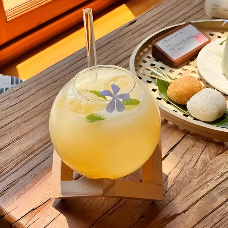 A clear glass ball shape coffee juice cocktail glass with yellow beverage, purple flower, green leaves, and straw