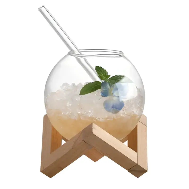 Clear glass ball shape coffee juice cocktail bowl with wooden stand and clear straw for dining room decor