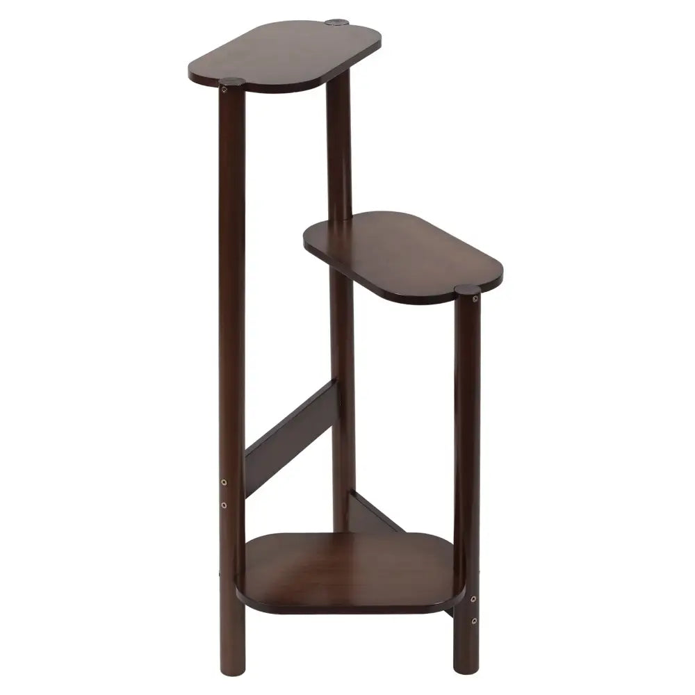 Dark brown bamboo three tier corner plant stand with oval shelves and vertical support legs by decorbites