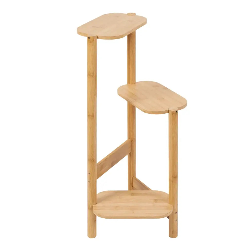 DecorBites™ light-colored bamboo tier corner plant stand with three oval-shaped shelves for corner display