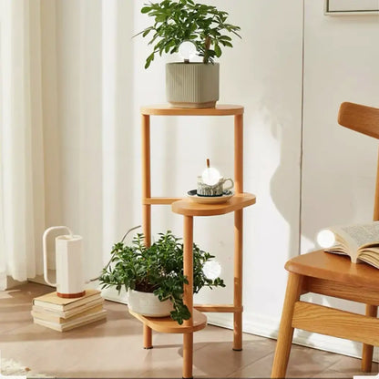 DecorBites™ bamboo light-colored wooden 3 tier corner plant stand with circular shelves and vertical supports