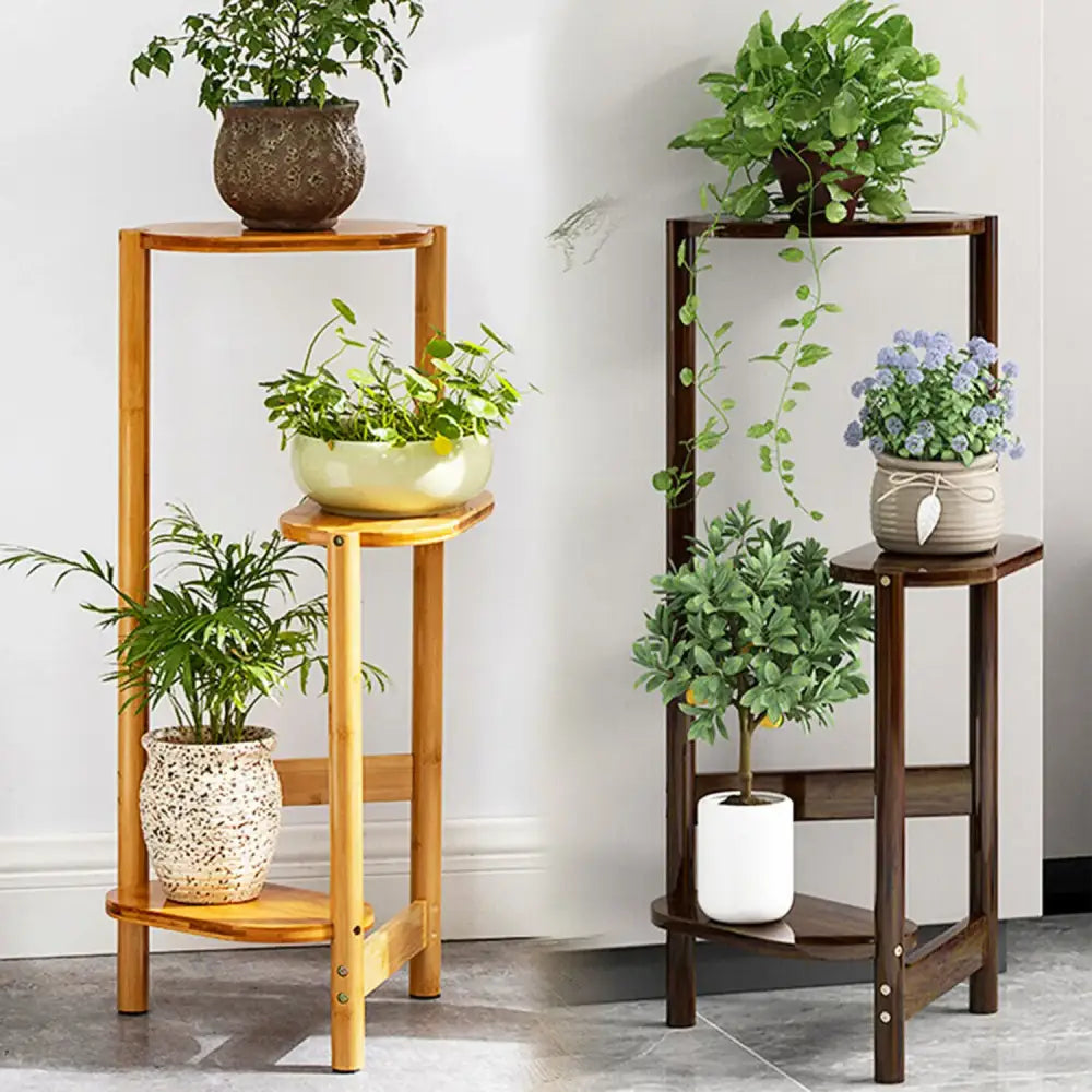 Decorbites™ bamboo 3 tier corner plant stand in light natural and dark stained wood plant stand for indoor display