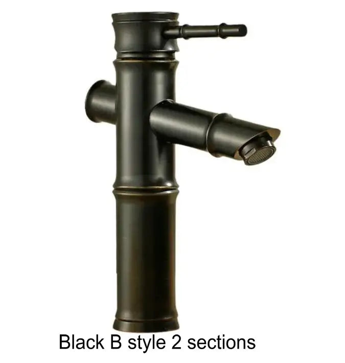 Black bamboo-style basin mixer tap with matte finish and segmented design in antique brass and black for bathroom use