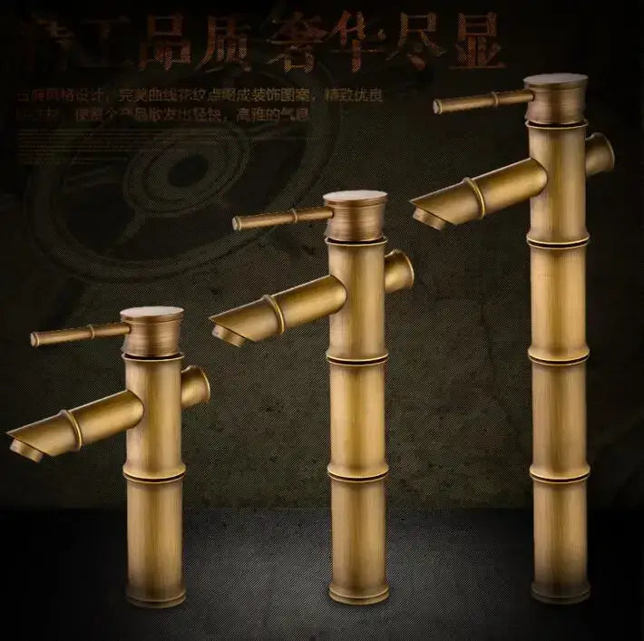Antique brass bamboo-style basin mixer tap with segmented cylindrical design and single lever handle for bathroom use