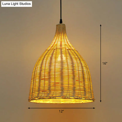 Bamboo Asian Pendant Lamp: Bell Shade Tea Room Ceiling Suspension Light – Single-Bulb Wood Design