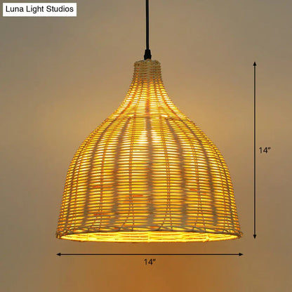 Bamboo Asian Pendant Lamp: Bell Shade Tea Room Ceiling Suspension Light – Single-Bulb Wood Design