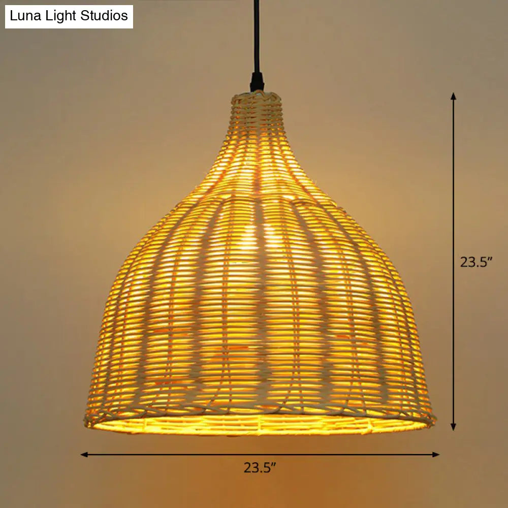 Bamboo Asian Pendant Lamp: Bell Shade Tea Room Ceiling Suspension Light – Single-Bulb Wood Design