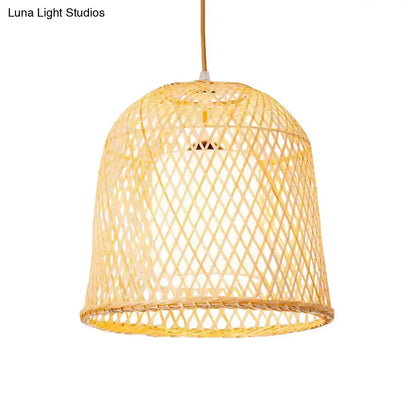 Bamboo Bell Pendant Lighting Kit with Inner White Fabric Shade