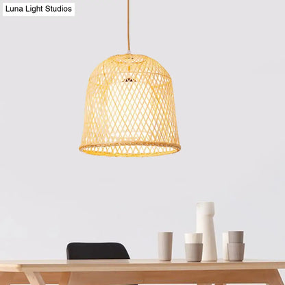 Bamboo Bell Pendant Lighting Kit with Inner White Fabric Shade