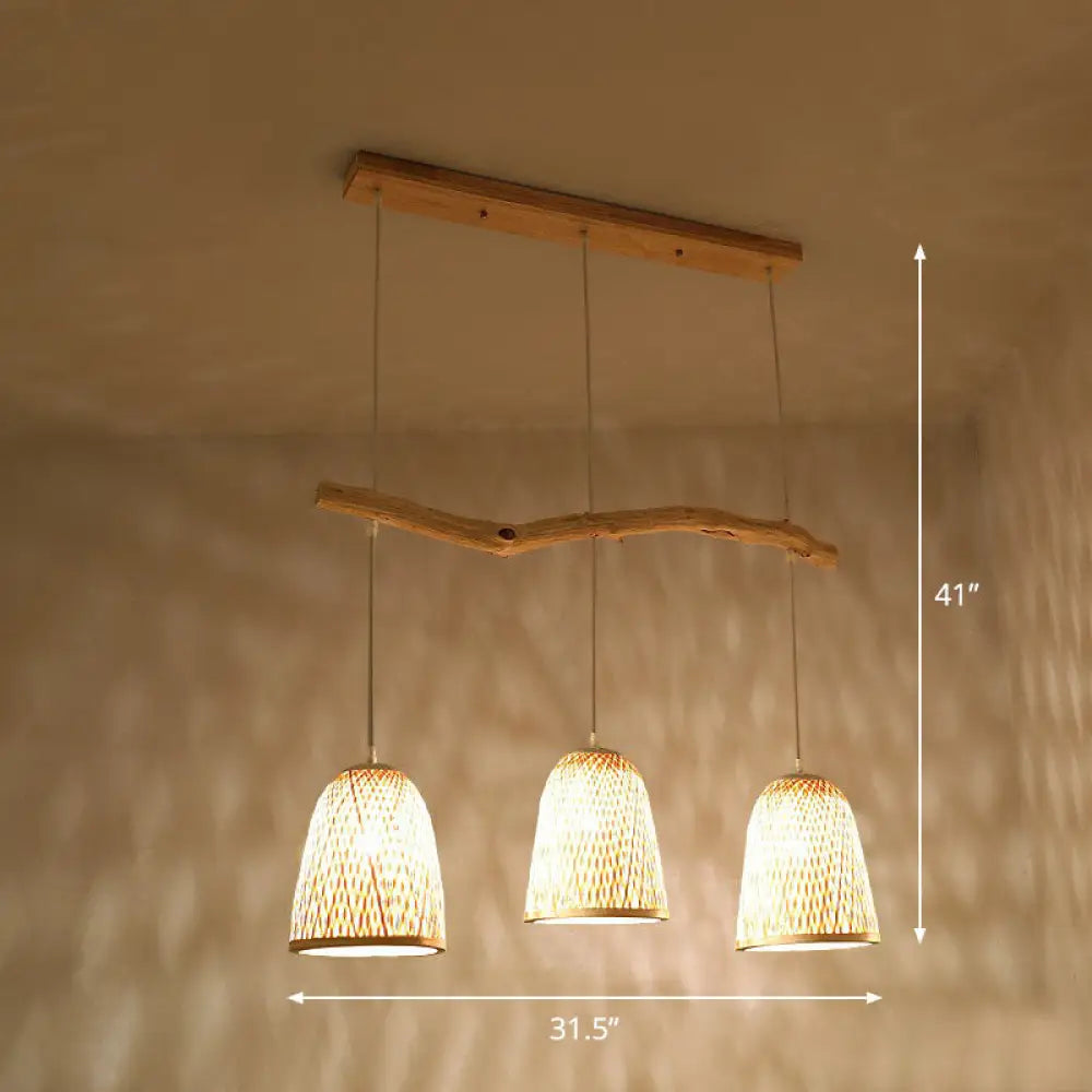 مصباح معلق على شكل جرس من الخيزران من DecorBites™ - إضاءة جزيرة غرفة الشاي على طراز جنوب شرق آسيا بثلاثة رؤوس - لمسة نهائية من الخشب