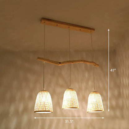 مصباح معلق على شكل جرس من الخيزران من DecorBites™ - إضاءة جزيرة غرفة الشاي على طراز جنوب شرق آسيا بثلاثة رؤوس - لمسة نهائية من الخشب